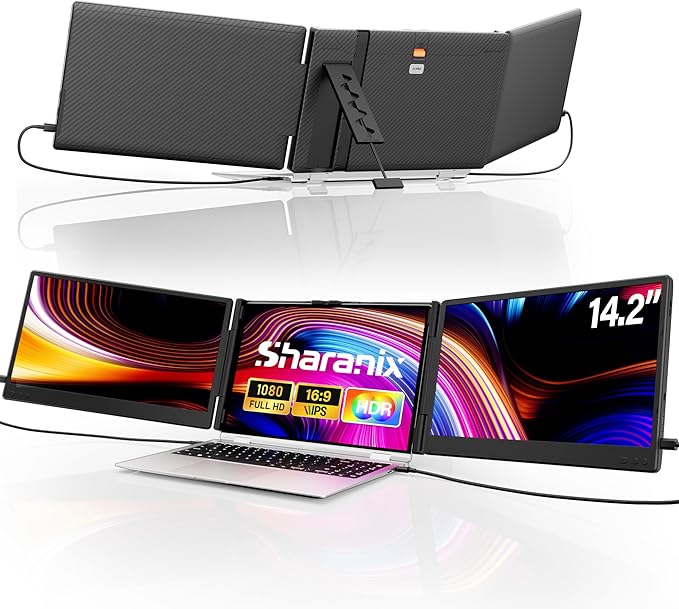 Laptop Screen Extender 14.2 FHD 1080P Triple Portable Monitor for Laptop with Smart Adjustment Button USB-C/HDMI Plug and Play Monitor Extender for Wins/Mac/Android/Switch Fit 13-17 Laptops