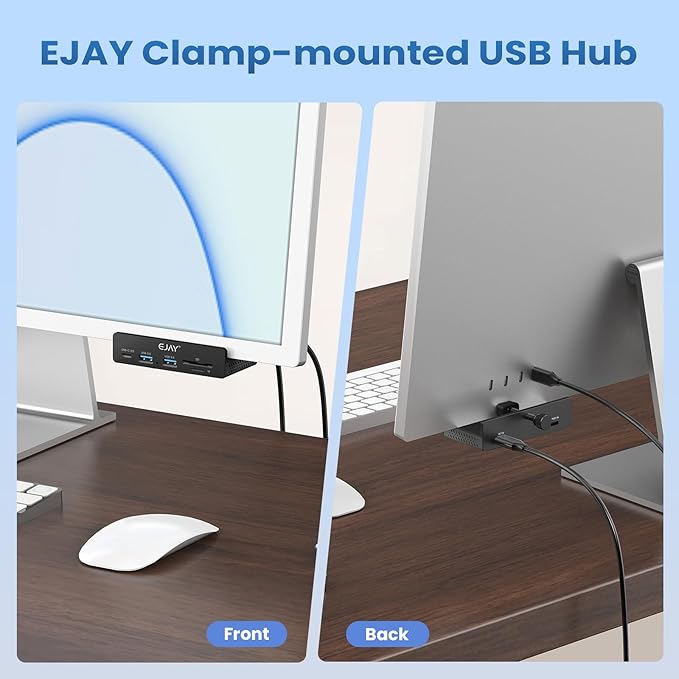 EJAY 5-Port USB 3.0 Hub with Card Reader &amp Clamp Mount 5Gbps Aluminum Docking Station for MacBook PC Dual Cable USB Adapter for Photographers Remote Workers Students Black