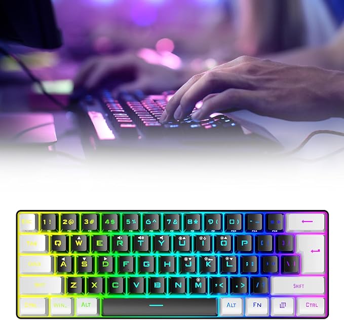 Portable 60% Mechanical Gaming Keyboard 61 Keys RGB Backlit USB Keyboard with Ergonomic Design USB Wired Keyboard for PC Travel (Black White)