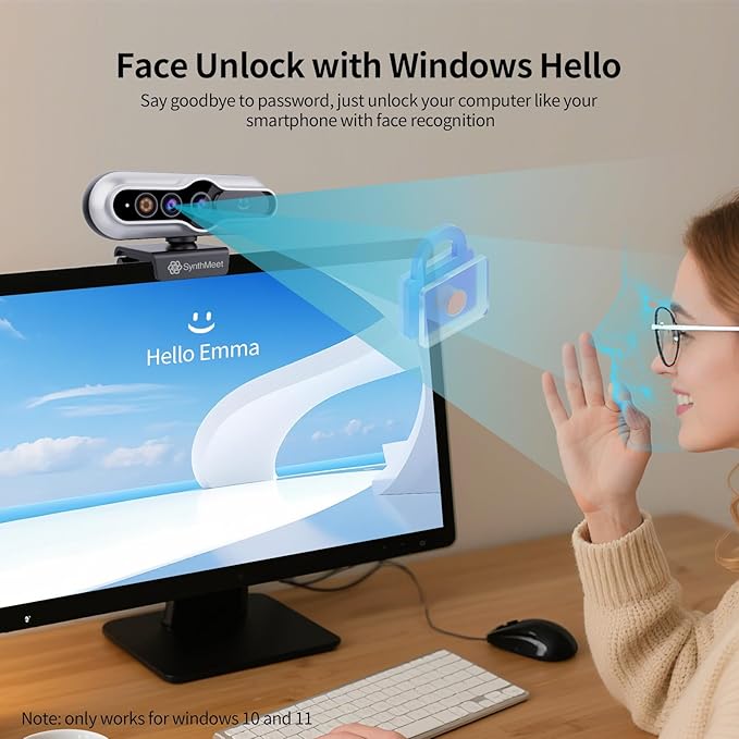 Windows Hello Webcam 2K 30FPS 5MP 84°FOV USB Webcam with Noise-reducing Mic Facial Unlocked Built-in Privacy Cover Plug and Play Wide Compatibility for Personal Meetings Video Calls