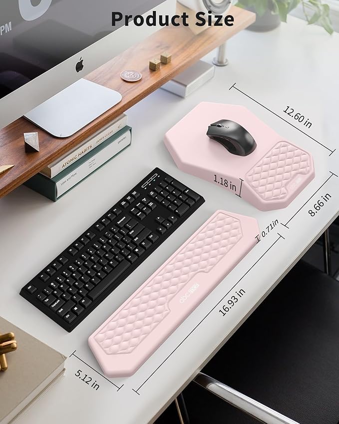Ergonomic Mouse Pad and Keyboard Wrist Rest Support Set Massage Design Mousepad for Carpal Tunnel Pain Relief Memory Foam Non-Slip PU Base for Computer Desk Pink