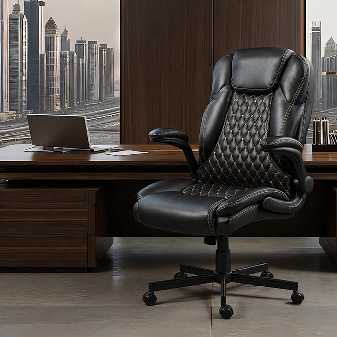 Big and Tall Heavy Duty Office Chair with Flip Up Arms – 450LBS Ergonomic Executive Home Desk Chair w/Wide Seat High Back PU Leather Adjustable Height &amp Rocking Function Black