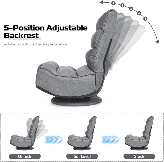 COSTWAY Folding Floor Chair Adjustable 5-Position Video Gaming Chair with 360 Degree Swivel Detachable Cover Padded Backrest Multipurpose Living Room Floor Lounger for TV Reading Playing (Grey)