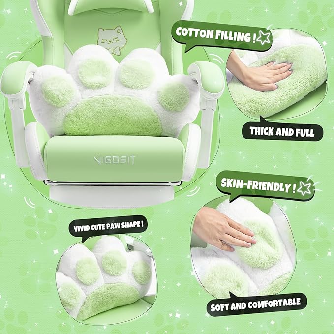 Cute Cat Ears Gaming Chair for Women Girls - Ergonomic PU Leather Office Chair with Footrest cat paw Pillow 360° Swivel Recliner Green