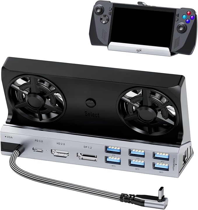 Dual Cooling Fans Multi Monitor 14 in 1 Steam Deck Docking Station with 4K@60 HzDP1.2VGA 1080P 6 USB A1000MbpsType C 100W PD 40Gbps Adapter for Steam Deck/Rog Ally/Switch/Legion Go