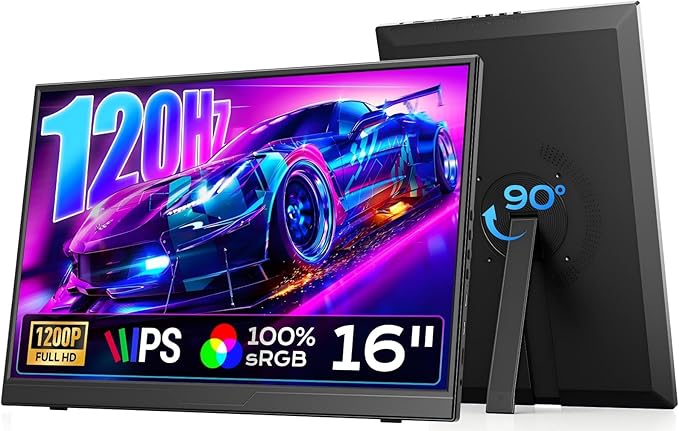 120Hz Portable Gaming Monitor 16 1200P FHD 100% sRGB Portable Display with Adjustable Stand USB-C &amp HDMI External Monitor &amp Travel Screen for Laptop Mac PC Phone Xbox PS5 Switch