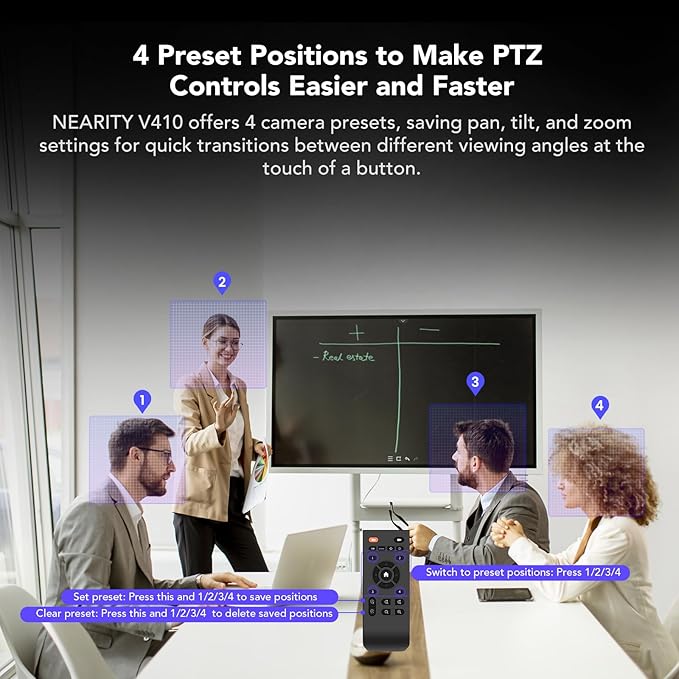 NEARITY V410 NDI PTZ Camera 2K 10x Hybrid Zoom Video Conference Webcam AI-Powered Noise Cancellation 4 Preset Positions 350° Pan&amp60° Tilt 120° FOV Remote Control for Zoom/Teams/Google Meet