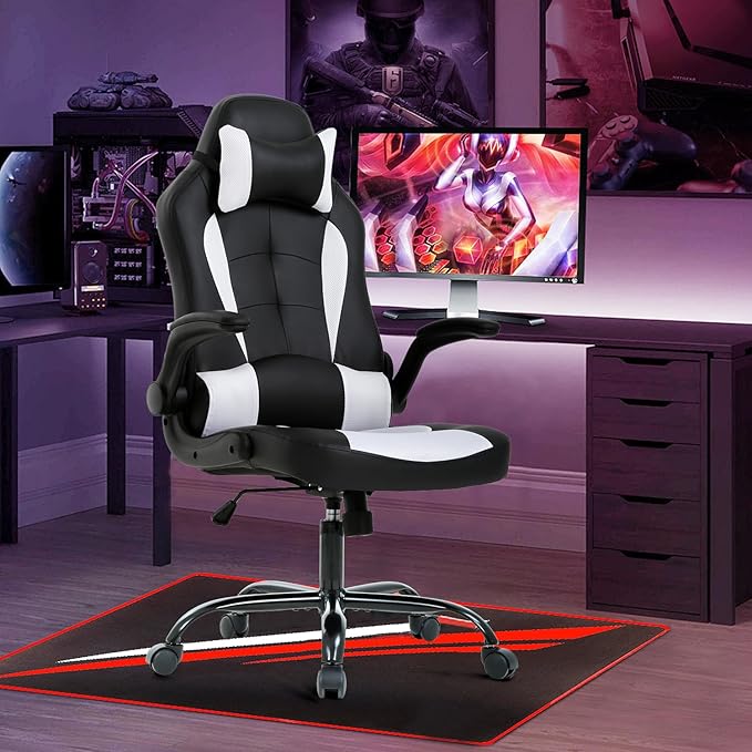 High Back PU Leather Office &amp Gaming Racing Chair - Comfortable &amp Heavy Duty - Headrest &amp Lumbar Support - Height Adjustable - Big &amp Tall Size - White