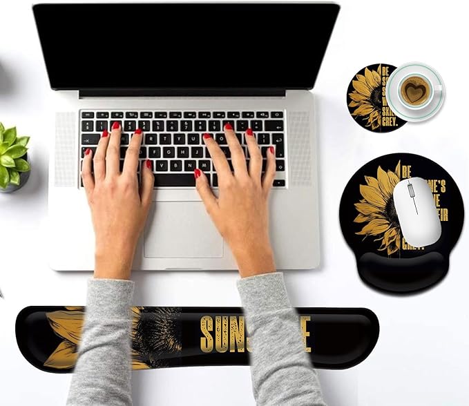 Keyboard Wrist Rest and Mouse Pad Wrist Support Set with Coffee Coaster Non-Slip PU Base for Gaming and Office Comfortable &amp Lightweight for Easy Typing &amp Pain ReliefSunflower