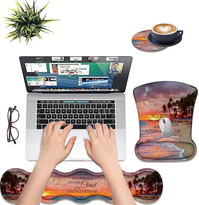 3 in 1 Keyboard Wrist Rest + Mouse Pad and Coaster Ergonomic Gel Mouse Pad and Keyboard Pad Set Comfortable Lightweight for Easy Typing Pain Relie Sunset Beach