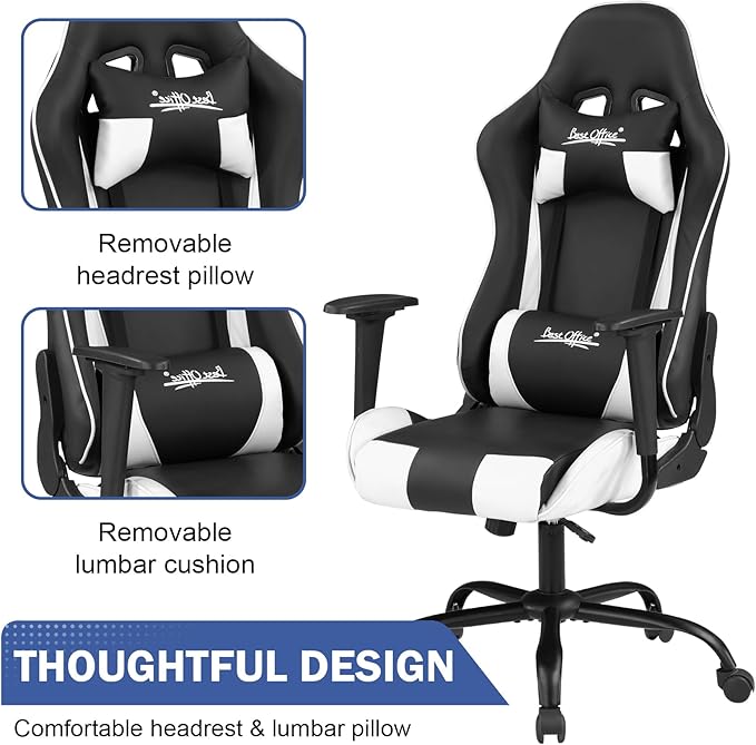 BLKMTY Gaming Chair Office Chairs High Back Computer Leather Desk Chair Racing Executive Ergonomic Adjustable Swivel Task Chairs with Headrest and Lumbar Support White