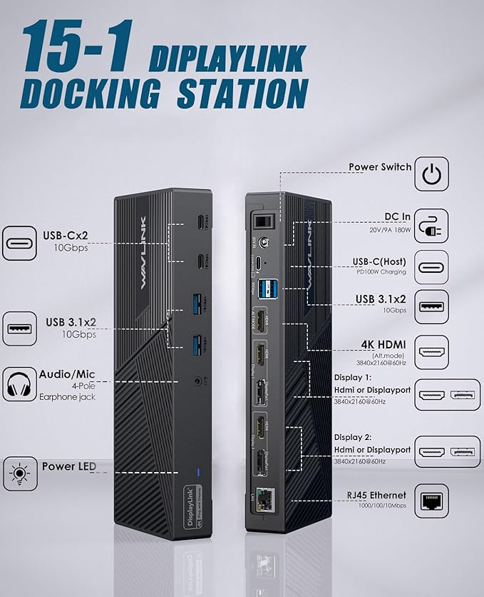 WAVLINK USB-C Triple Monitor Docking Station 3 *4K@60Hz for MacBook M1/M2/M3/M4/M5 &amp Windows – 100W PD 3×HDMI/2×DisplayPort 6x10Gbps USB Ports Gigabit Ethernet Ideal for Workstation &amp Hom