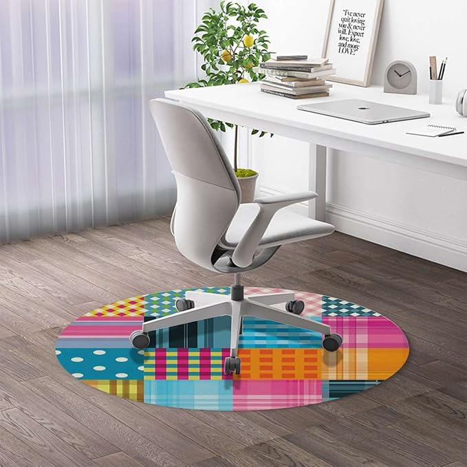 Multicolor PU Leather Office Gaming Rolling Floor Mat Rainbow Colored Mosaic Pattern Squares Computer Gaming Rolling Chair Mat for Home Office Hardwood Floor Abstract Diameter 55 in