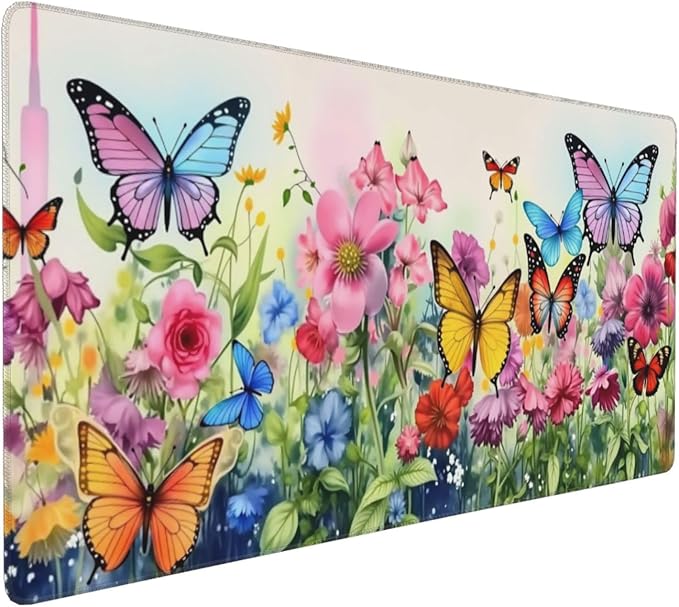 Butterfly Floral Garden Mouse PadDesk MatLarge Waterproof Non-Slip Rubber Mousepad with Stitched Edges Office Home Computer Desk Accessories35.4X15.7