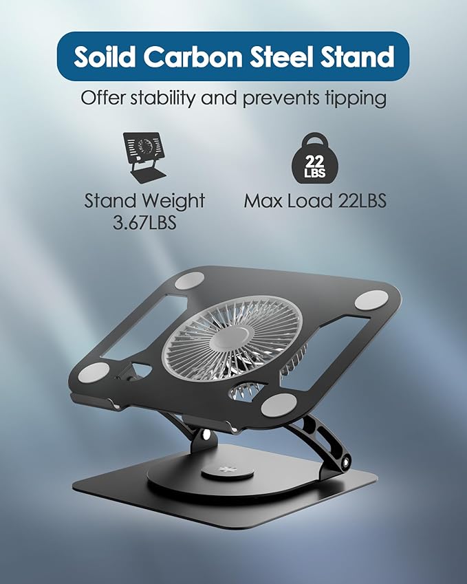 SHUWEI Laptop Cooling Stand with Detachable Desk Fan Adjustable Height &amp Angle 360 Rotating Base Carbon Steel Framework Ultra-Quiet &amp Super Sturdy for up to 16”Laptop-Black
