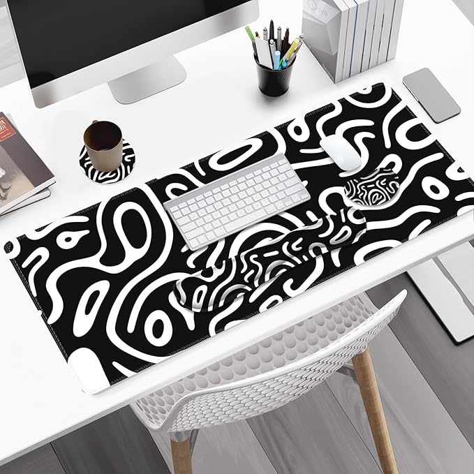 Large Gaming Mouse Pad Set 4 in 1 Extended Keyboard Desk Mat with Wrist Rest Computer Game Mousepad Non-Slip Desk Pad Easy Typing Pain Relief for Home Office I Black White Topographic