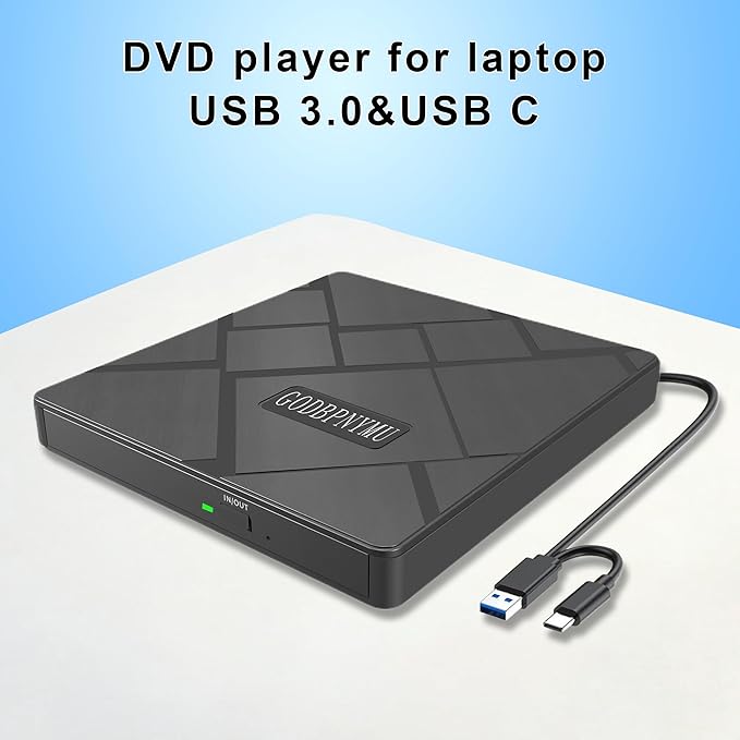 External CD/DVD Drive USB-C/USB 3.0 CD Burner DVD Player Compatible with MacBook iMac Windows 11/10/8/7 laptops and PCs Portable disc Reader with Carrying case