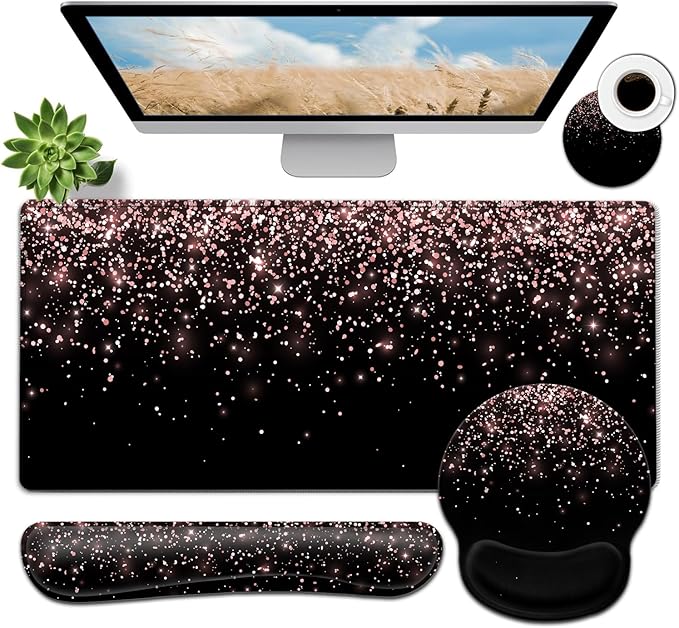 Large Mouse Pad Ergonomic Mouse Pad with Wrist Rest and Keyboard Wrist Rest 4 in 1 Set 31.5 x11.8 inch Extended Desk Pad for Home Office Rose Gold Gradient Gilt Pattern XXL Black Gaming Mouse Mat