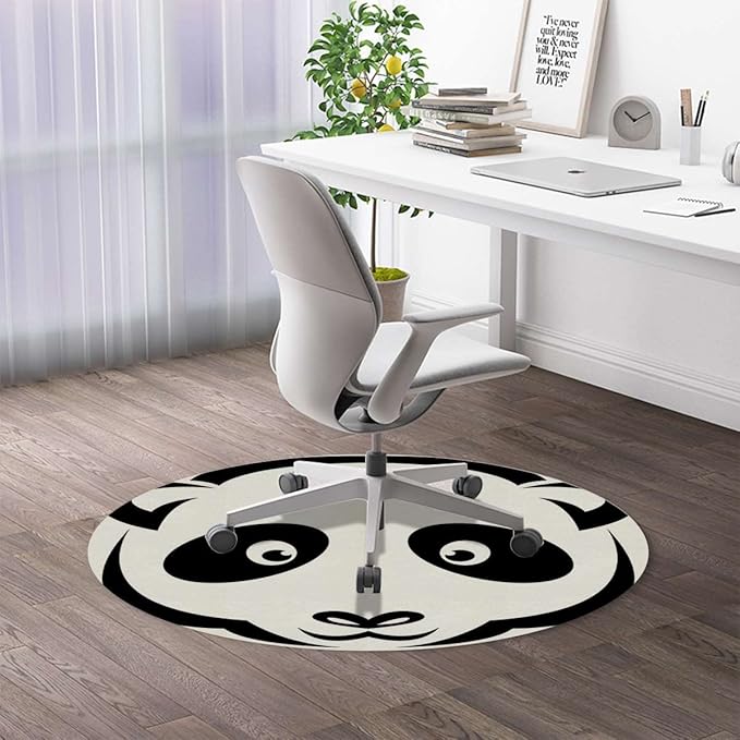 White and Black PU Leather Hardwood FloorsTile Non-Slip Office Chair Mat Cartoon Smiling Panda Animal Anti-Slip Low Pile Under Desk Rug Large Floor Protector Anime Diameter 39.4 in