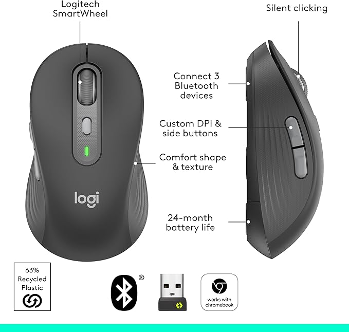 Logitech Signature Plus M750 L Wireless Mouse - for Large Hands SmartWheel Bluetooth Multi Device 24-Month Battery Silent Clicks Customizable Side Buttons Contoured Shape - Graphite