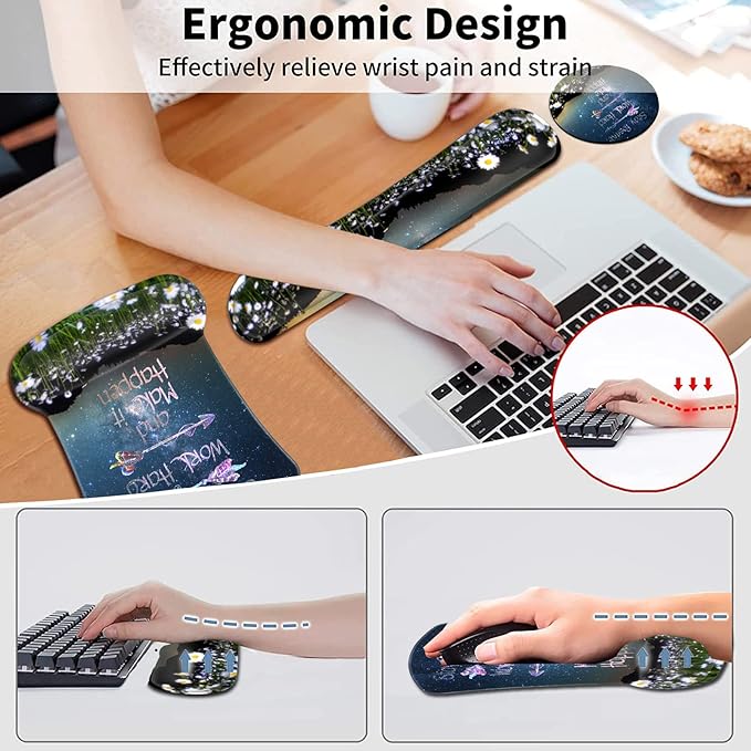 Ergonomic Mouse Pad Wrist SupportStarry Sky Mouse Pads with Non-Slip PU Base for Home Office Working StudyingMemory Foam Keyboard Wrist Rest Easy TypingStay Positive Work Hard Inspirational Quotes
