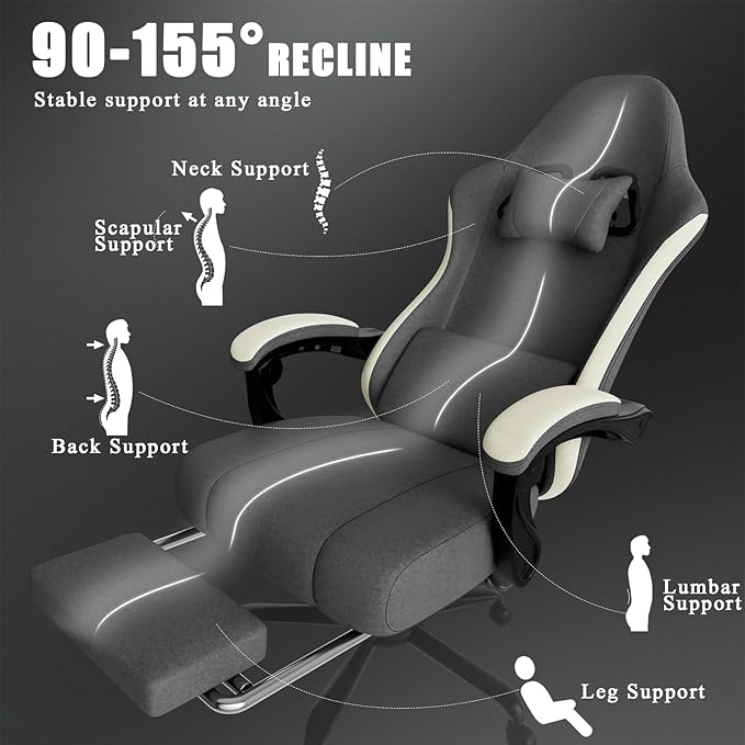Ergonomic Gaming Chair with Pocketed Spring Cushion Breathable Fabric Computer Chair with Footrest Adjustable Lumbar Support Video Game Chair for Adults (Fabric Grey)
