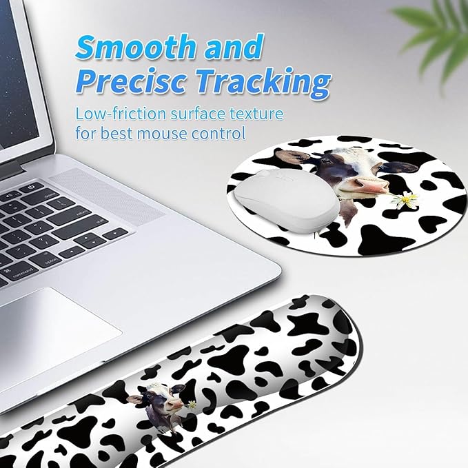 Keyboard Wrist Rest &amp Mouse Pad &amp Mouse Wrist Rest Support &amp Coaster Non Slip Rubber Base Wrist Support with Ergonomic Raised Memory Foam for Computer Laptop Home Office Black White Cow