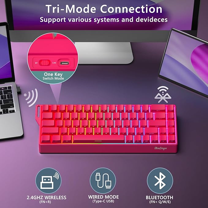 BlueFinger 60% Wireless Mechanical Gaming Keyboard Bluetooth/2.4G/USB-C Hot Swappable RGB Backlit Keyboard with Side-Printed PBT Keycaps for MAC Xbox PC PS5 Pink