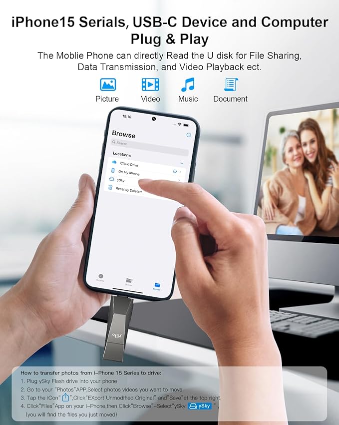 ySky 256GB USB 3.2 Solid State Flash Drive 1000MB/s High Speed USB C+ USB 3.2 Gen2 Dual Interfaces Thumb Drive USB C Memory Photo Stick for iPhone15/15 Plus/15 Pro/15 Pro Max/USB-C PhoneLaptopMac