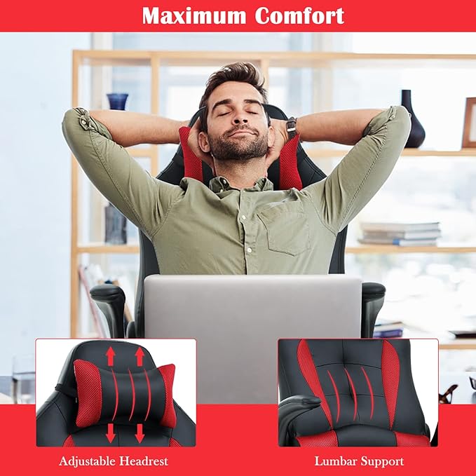 PC Gaming Chair Ergonomic Computer Chair High Back Office Chair with Lumbar Support&amp Headrest Adjustable Task Rolling Swivel Executive Desk Chair Racing Style Leather Gaming ChairRed