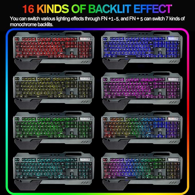 Wireless Gaming Keyboard and MouseRGB Backlit Rechargeable Keyboard Mouse with 5000mAh Battery Metal PanelRemovable Hand Rest Mechanical Feel Keyboard and 7 Color Gaming Mute Mouse for PC Gamer