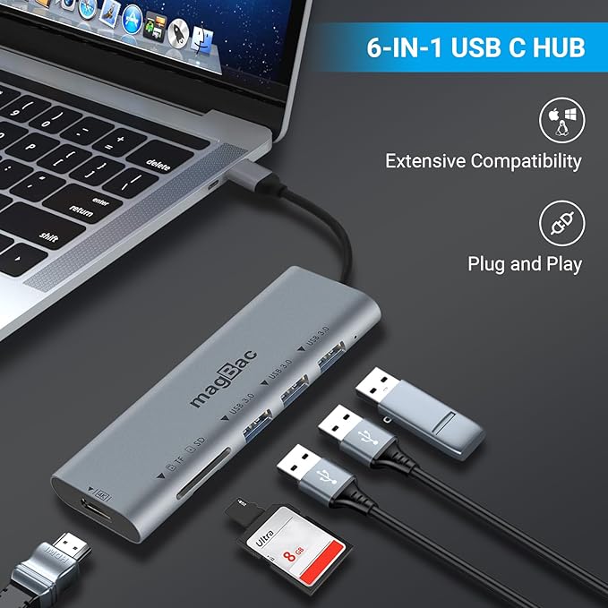 MagBac Laptop Docking Station 6 Ports USB C HUB with 3 USB-A 3.04K HDMI Port SD/TF Card Slot for MacBook Pro/Air Dell HP Lenovo with Full-Featured Type-C or Thunderbolt 3/4/5 Port