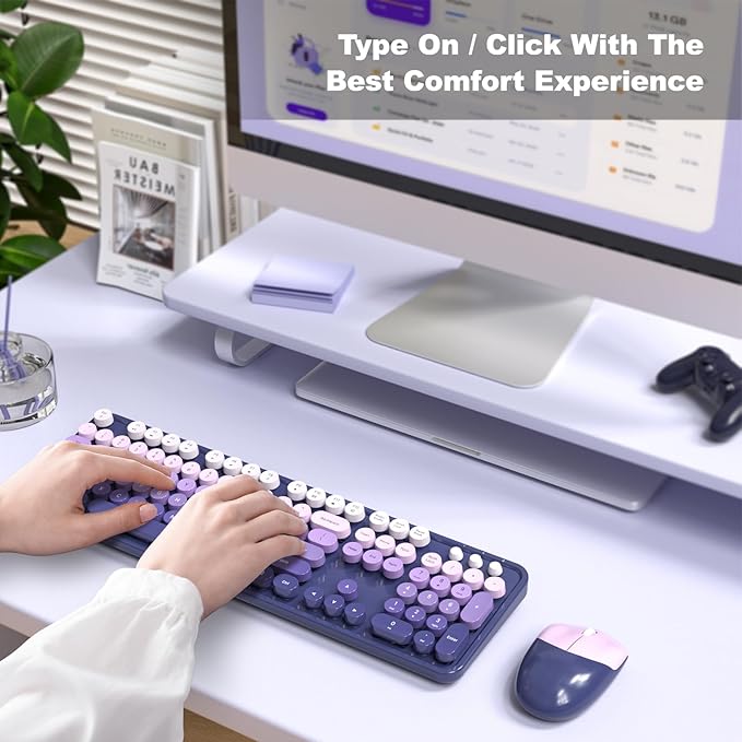 Wireless Keyboard and Mouse Combo MOWUX Full Size Typewriter Retro Round Computer Keyboard Cute Optical Mouse Wireless Plug and Play for Laptop PC Computer- Purple Gradient