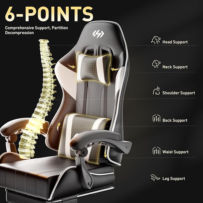 HLDIRECT Gaming Chair Ergonomic Computer Office Chair with Lumbar Support Footrest Headrest PU Leather 360° Swivel Adjustable Height Metal Frame 200 lbs Capacity (Black&ampWhite)