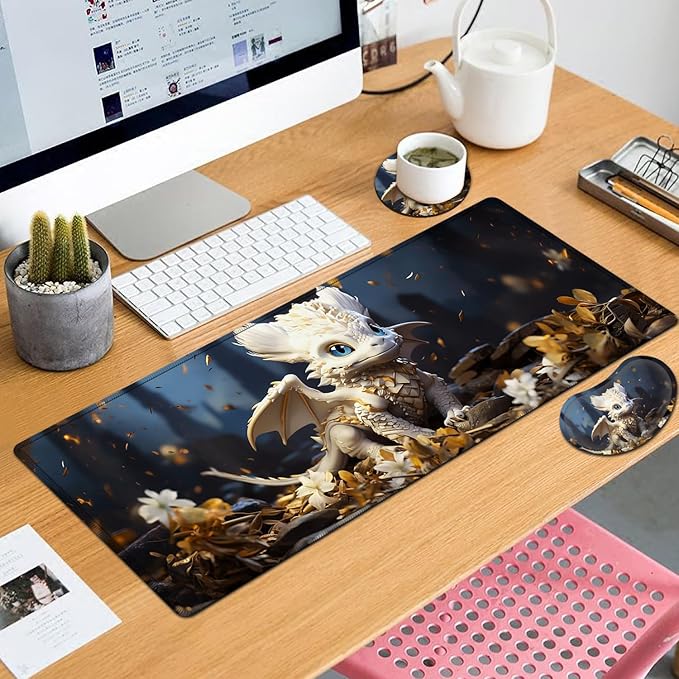 Large Mouse Pad with Mouse Wrist Rest 31.5x11.8 in Extended Mouse Mat with Non-Slip PU Base Ergonomic Memory Foam Wrist Rest for Work &amp Gaming Writing Pad Cute Little White Dragon Office Desk
