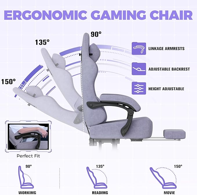 GTPLAYER Gaming Chair with Pocket Spring Cushion High Back Ergonomic Computer Chair with Footrest for Adults Lumbar Support Swivel Game Chair for Office Gaming 350LBS Fabric Macaron Purple