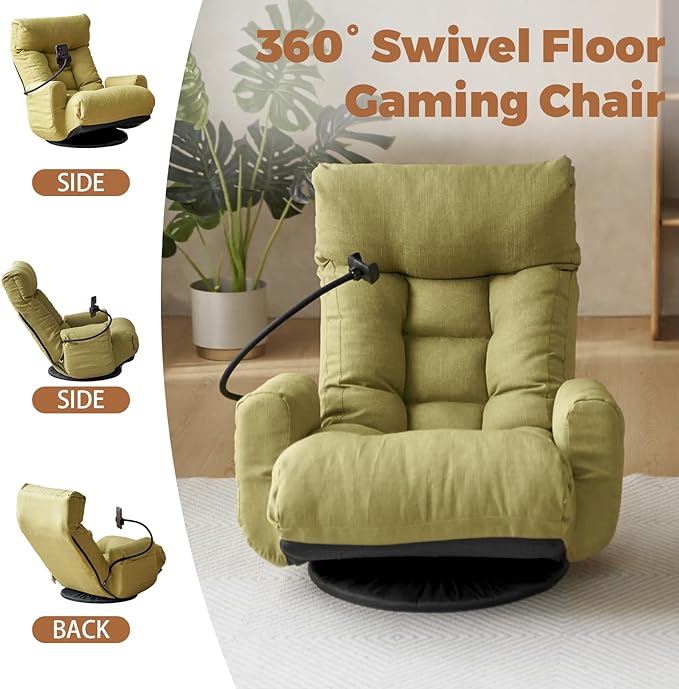 360° Swivel Floor Green Gaming Chair Linen Folding Lounge Sofa Chair with Adjustable Head and Waist Armrests &amp Phone Holder Padded Cushion Leisure Chairs for Living Room Bedroom