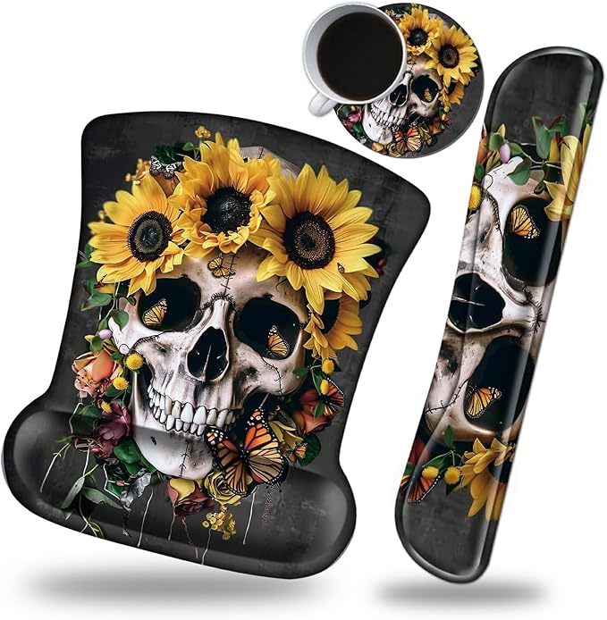 Keyboard Wrist Rest and Mouse Wrist Rest Pad Set Made of Memory Foam with Non Slip Rubber Base Ergonomic Gel Wrist Rest for Computer Keyboard Gaming Office Working with Skull Sunflower Coaster