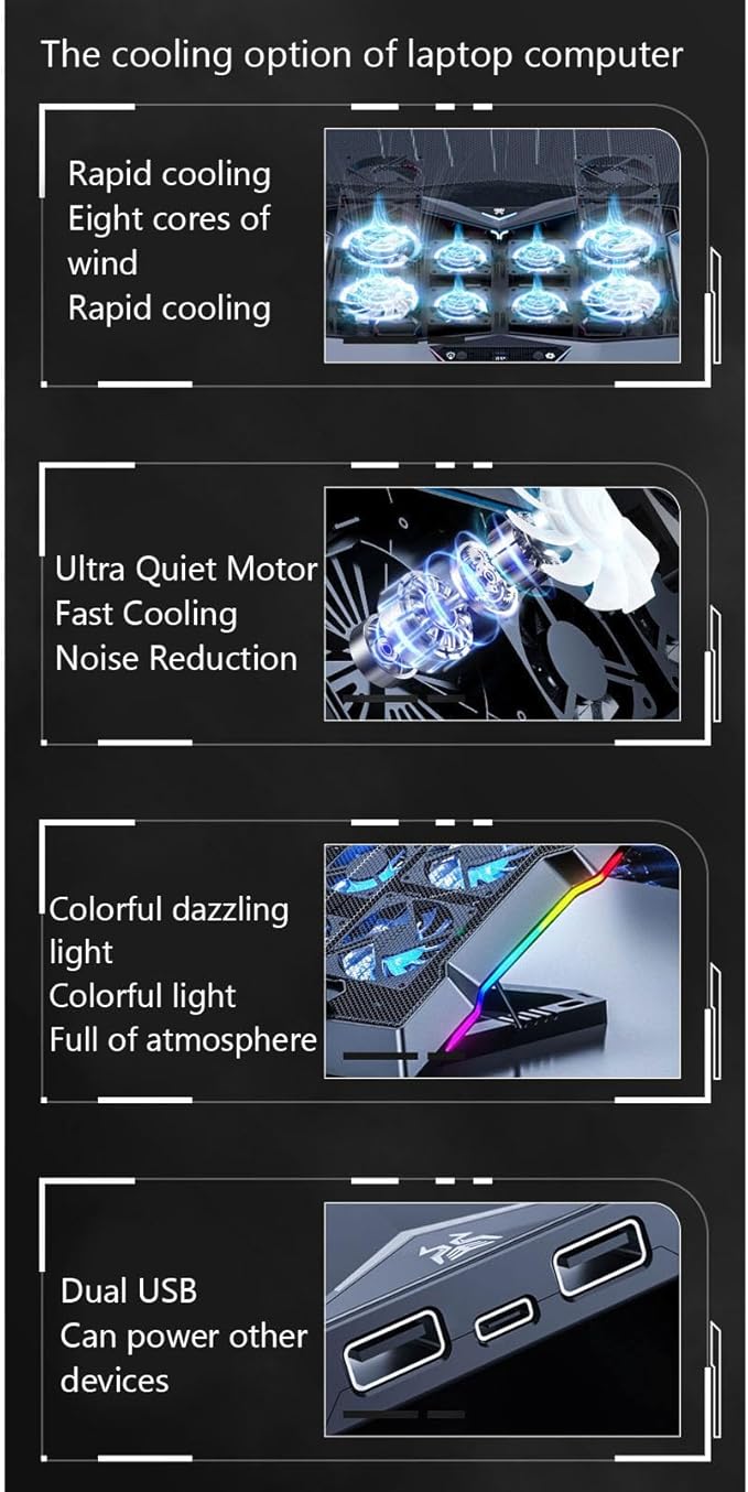 Height Laptop Cooling Pad Gaming Notebook Cooler with 8 Powerful Fans Portable USB Laptop Stand Laptops Height Cooling Pad for Enhanced
