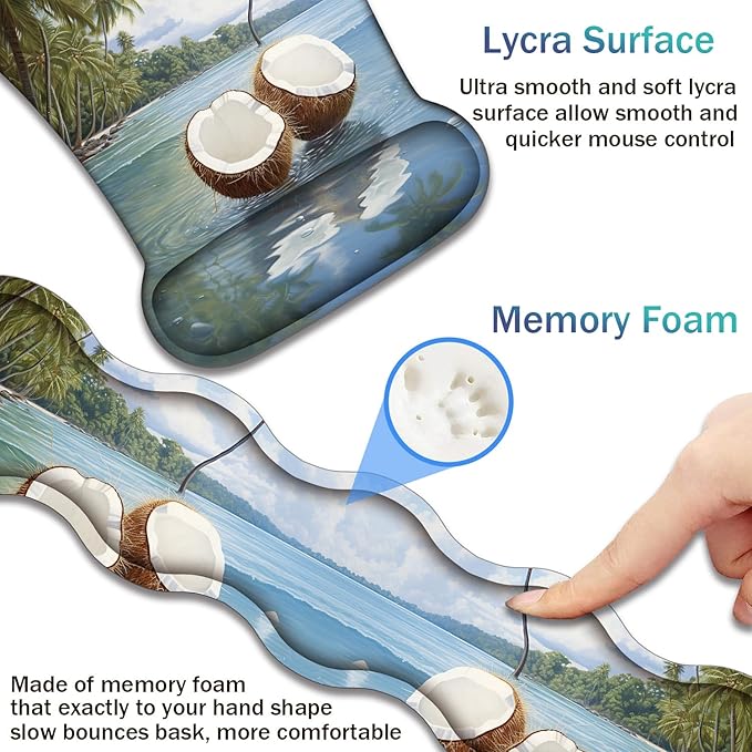 Ergonomic Keyboard Wrist Support Pad and Wrist Support Mouse Pad Anti-Slip with Gel Memory Mouse Pad Set Suitable for Office Use/Home Use - Coconut Beach