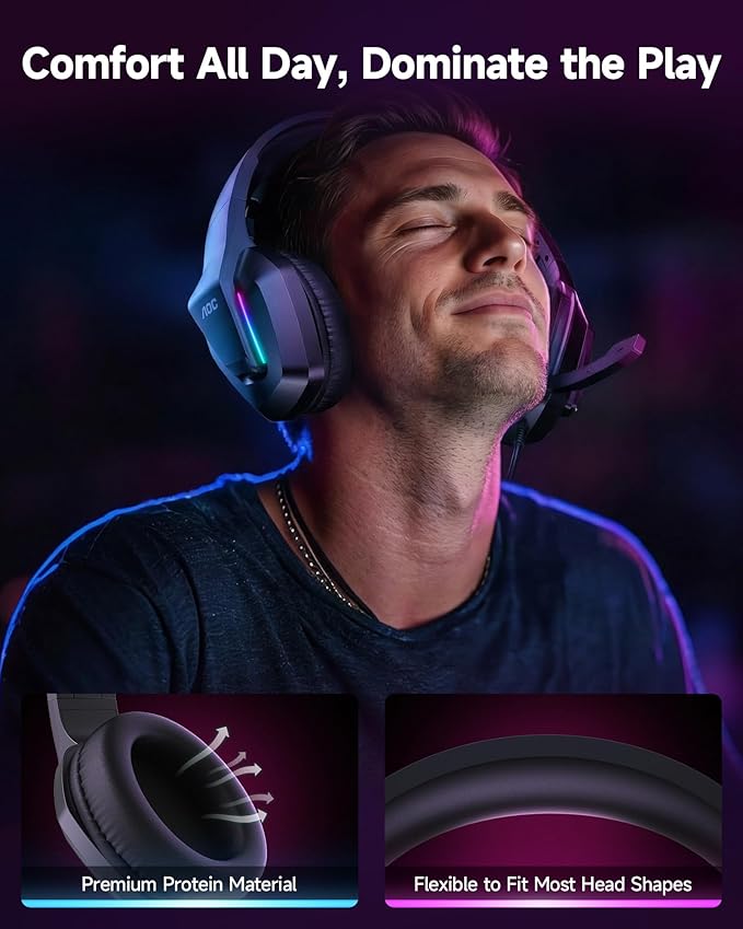 AOC Gaming Headset for PS5 PS4 PC Mac Switch Xbox Series Surround Sound RGB Gaming Headphones with Noise Canceling Microphone 50MM Dynamic Drivers 3.5MM Audio Jack Black