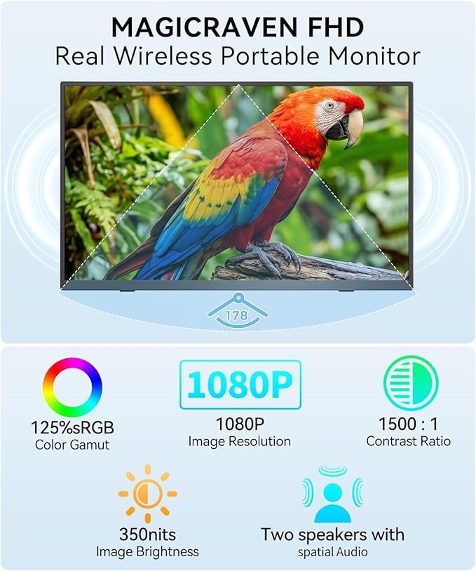 Wireless Portable Monitor for Laptop 15.6 Portable Monitor with Battery-1080P FHD Second Screen for Home &amp Office AirPlay &amp Miracast Casting No Cables or Drivers Needed(with Bag)
