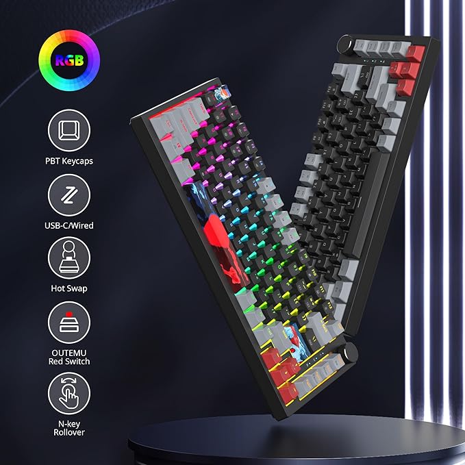 Fogruaden 75% Wired Mechanical Gaming Keyboard - 75 Percent TKL Hot Swappable Gasket Mount Red Switch RGB Backlit 82 Keys NKRO Compact with Knob (Dark)