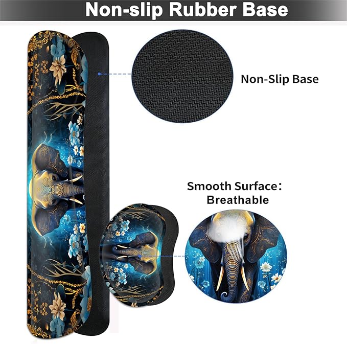 Large Mouse pad and Keyboard Support Set Ergonomic Memory Foam Keyboard Wrist Rest Extended Gaming Mouse Pad with Stitched Edges Flowers Ornate Elephant XXL Desk Mat (31.5 X 11.8 in)