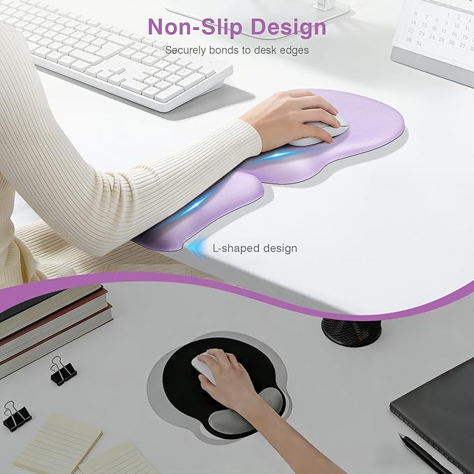 Ospelelf Mouse Pad with Wrist Rest Set Foam L-Shaped Desk Elbow Pad Ergonomic Desk Edge Cushion Anti-Slip Rubber Bottom Office Women Desk Accessories for Computer Laptop and Gaming Purple
