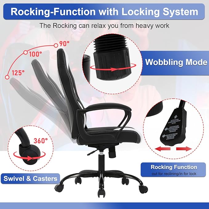 Gaming Chair PU Leather Chairs Ergonomic Office Chair Executive Computer Chairs High Back Computer Task with Lumbar Support Adjustable Height White
