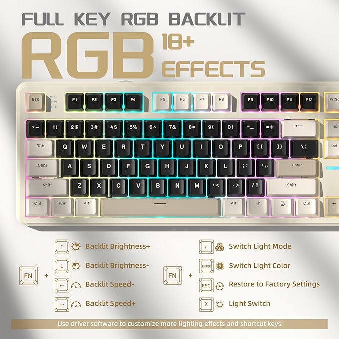 ATTACK SHARK X87 Wireless Mechanical Keyboard87 Keys Compact TKL Gasket Gaming KeyboardHot Swappable Custom Keyboard with Five-Layer PaddingFull RGB2.4G/USB-C/BTPre-lubed Switches (Retro White)