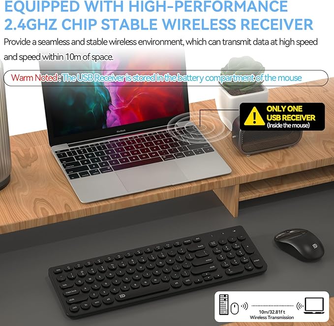 Wireless Keyboard and Mouse Combo FD iK6630 2.4GHz Cordless Cute Round Key Set Smart Power-Saving Quiet Slim Combo for Laptop ComputerTV and Mac