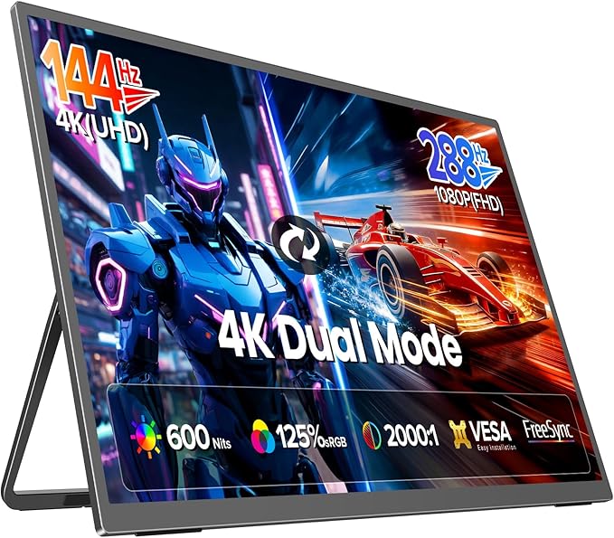 UPERFECT Portable Monitor 27” Dual Mode 4K UHD 144Hz/FHD 288Hz Gaming Monitor 0.1ms FreeSync 600 Nits 125% sRGB USB-C &amp HDMI 2.1 &amp DP 1.4 Large Second Screen for Laptop Computer Game C