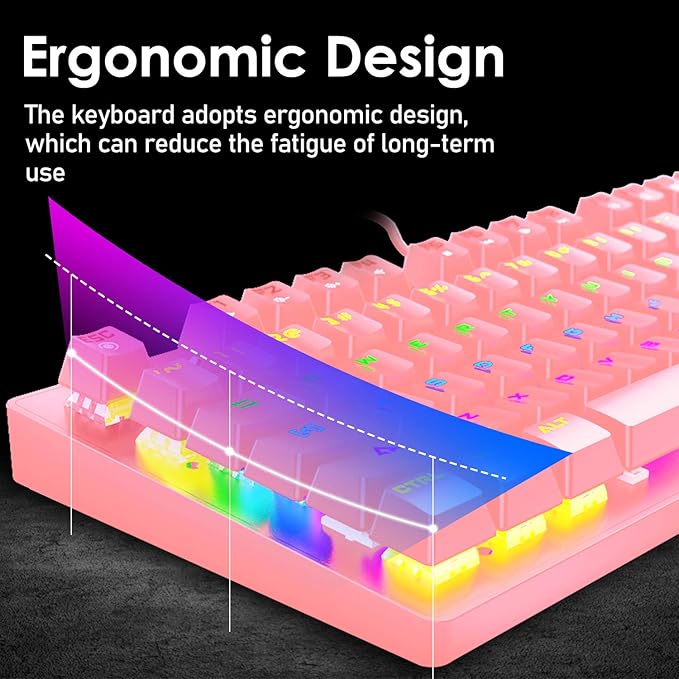 LexonElec K2 Mechanical Gaming KeyboardBlue Switch Mini 82 Keys Wired Rainbow LED Backlit KeyboardLightweight Gaming Mouse 6400DPI Honeycomb Optical for MAC PC Gamers(Pink)